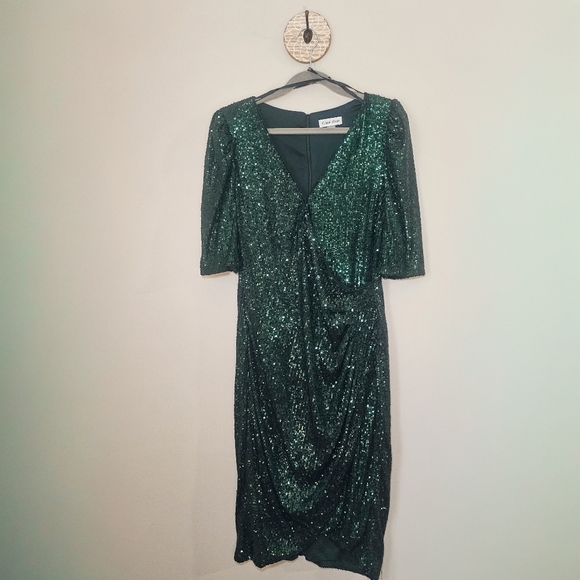 Calvin Klein Green Sequin V-Neck Midi Sheath Dress 3/4 Sleeve Size 14 - Picture 4 of 14